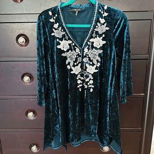 Teal Velvet Top with embroidery detail.